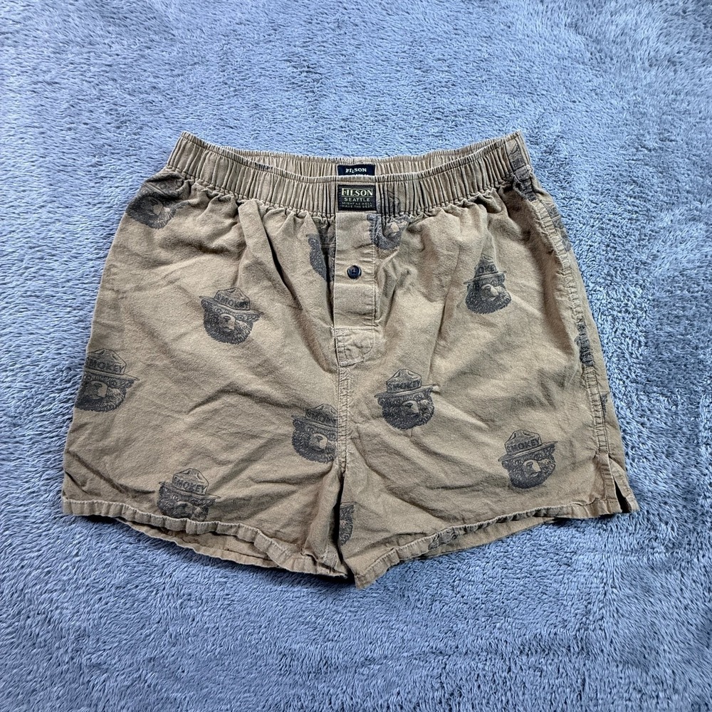 Filson Men's S Smokey Bear Print Cotton Lounge Shorts Elastic Waist Brown